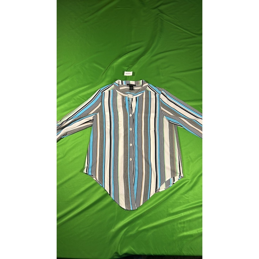 Preswick & Moore Striped Long Sleeve Button Up Blouse Blue White Black Tan M